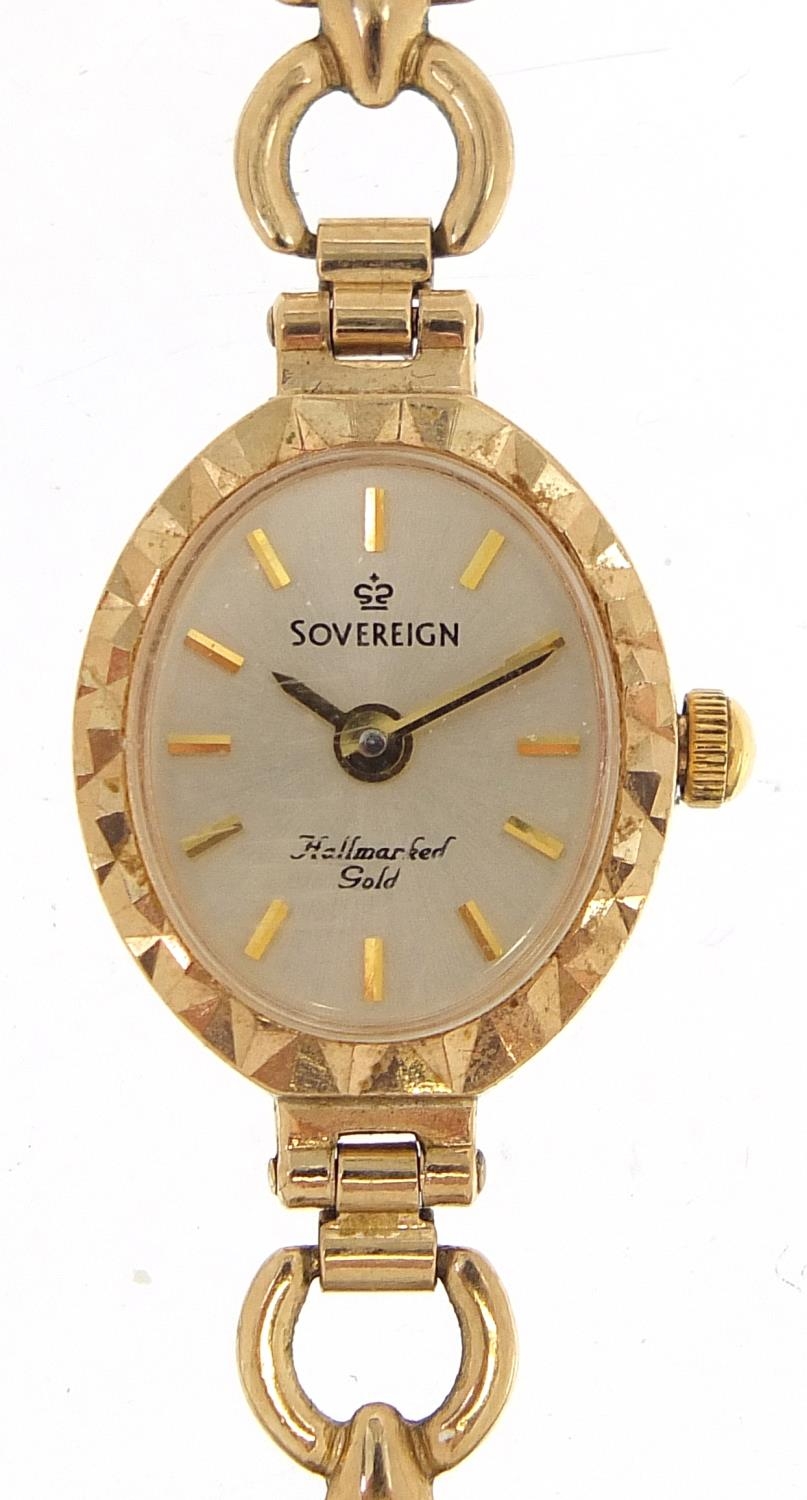 Sovereign, ladies 9ct gold wristwatch with 9ct gold strap and box, the case 15mm wide, total