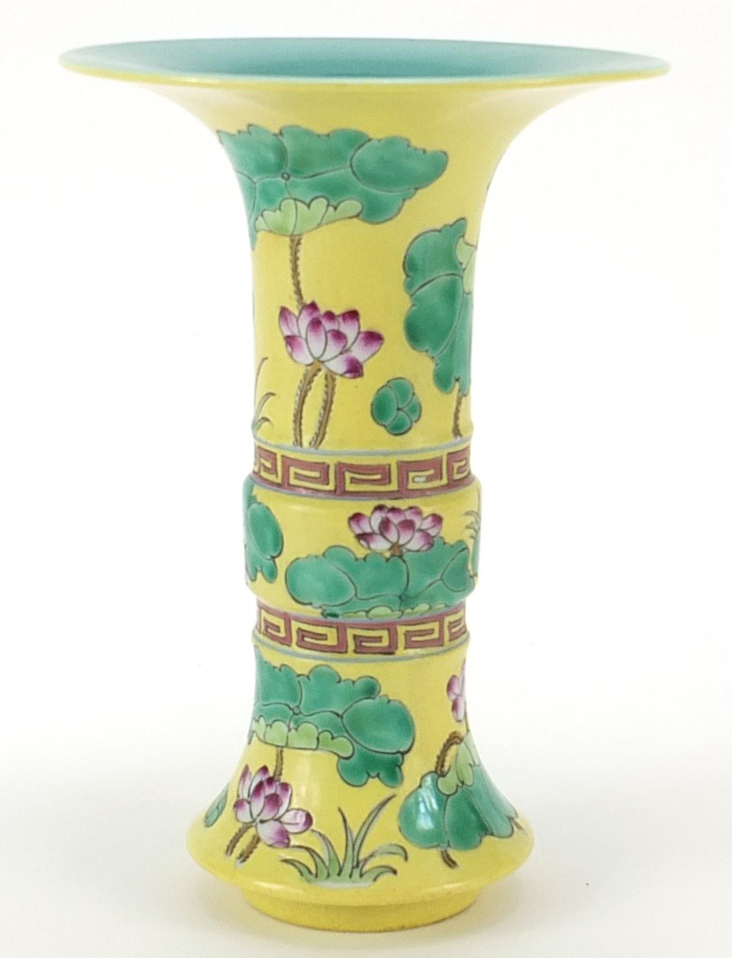 Chinese porcelain Gu beaker vase hand painted with flowers, six figure character marks to the - Image 2 of 4