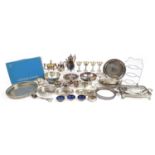 Silverplate including Gorham pedestal dish, Mappin & Webb teapot and circular trays, the largest