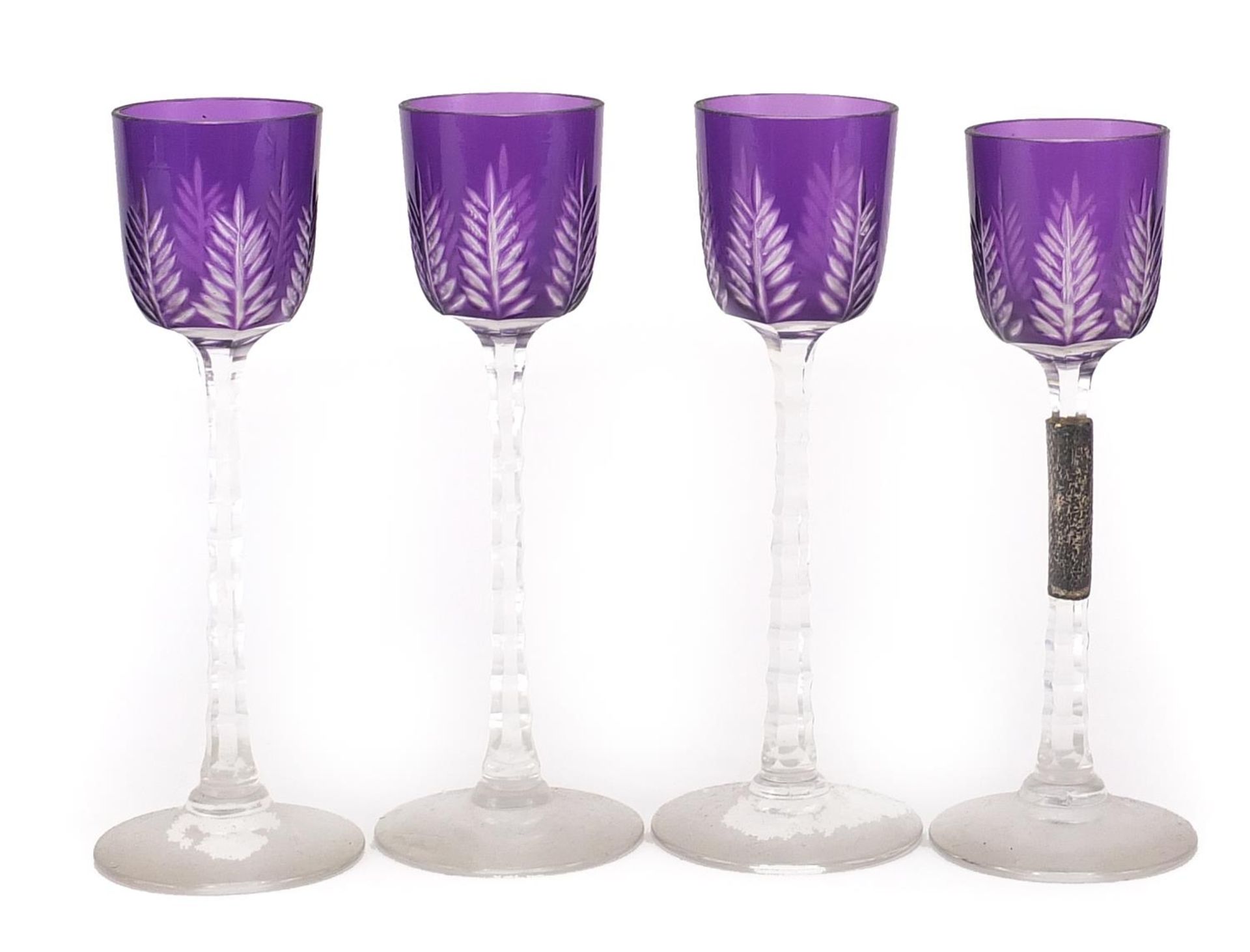 Four Bohemian purple flashed cut glass liqueur glasses, each 14cm high - Image 2 of 3