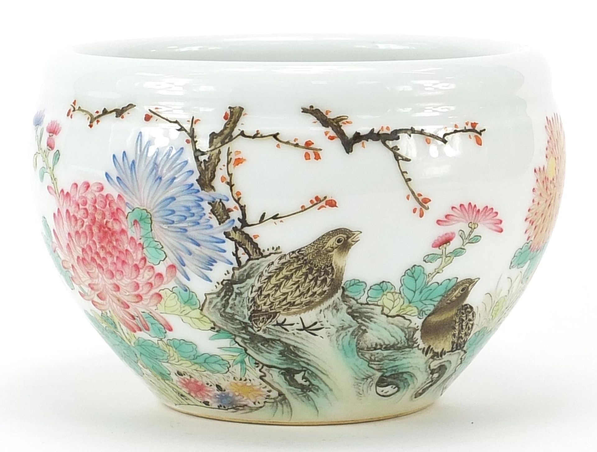 Chinese porcelain planter hand painted in the famille rose palette with two quails amongst