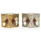 Fondica, pair of French Brutalist owl design paperweights with beaded eyes, each 5.5cm wide
