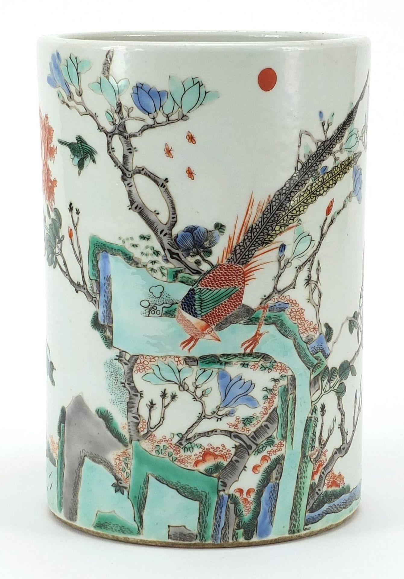 Chinese porcelain cylindrical brush pot hand painted in the famille verte palette with a peacock