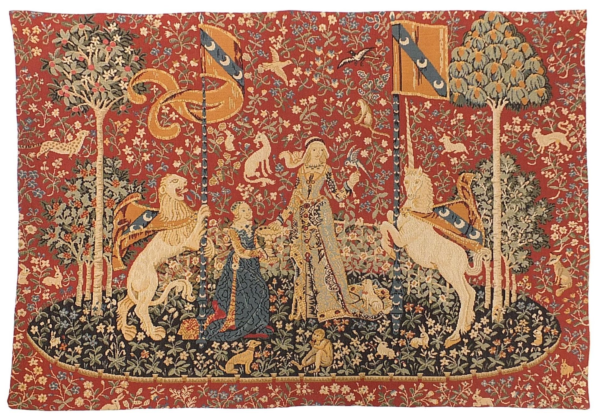 Rectangular wall hanging tapestry woven with medieval figures and animals, 170cm x 125cm