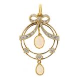 Art Nouveau style 9ct gold cabochon opal and diamond pendant, 4cm high, 4.3g