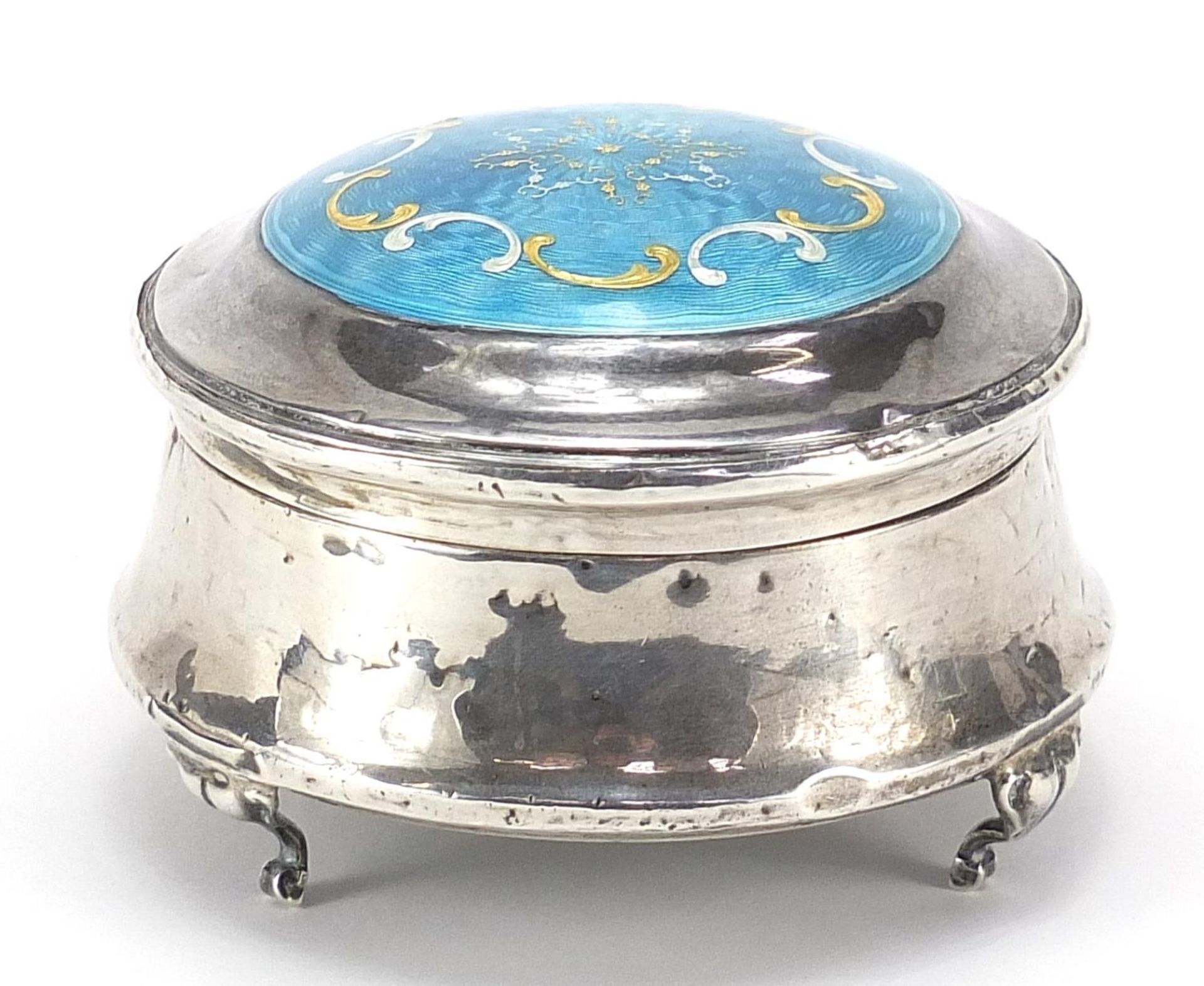 Henry Clifford Davis, George V silver and enamel jewel box raised on three feet, Chester 1916, 7.5cm