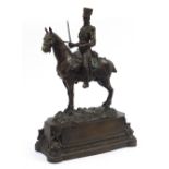 After Jules E Masson, large patinated bronze figure of a Hussar on horseback, 68cm H x 48cm W x 20.
