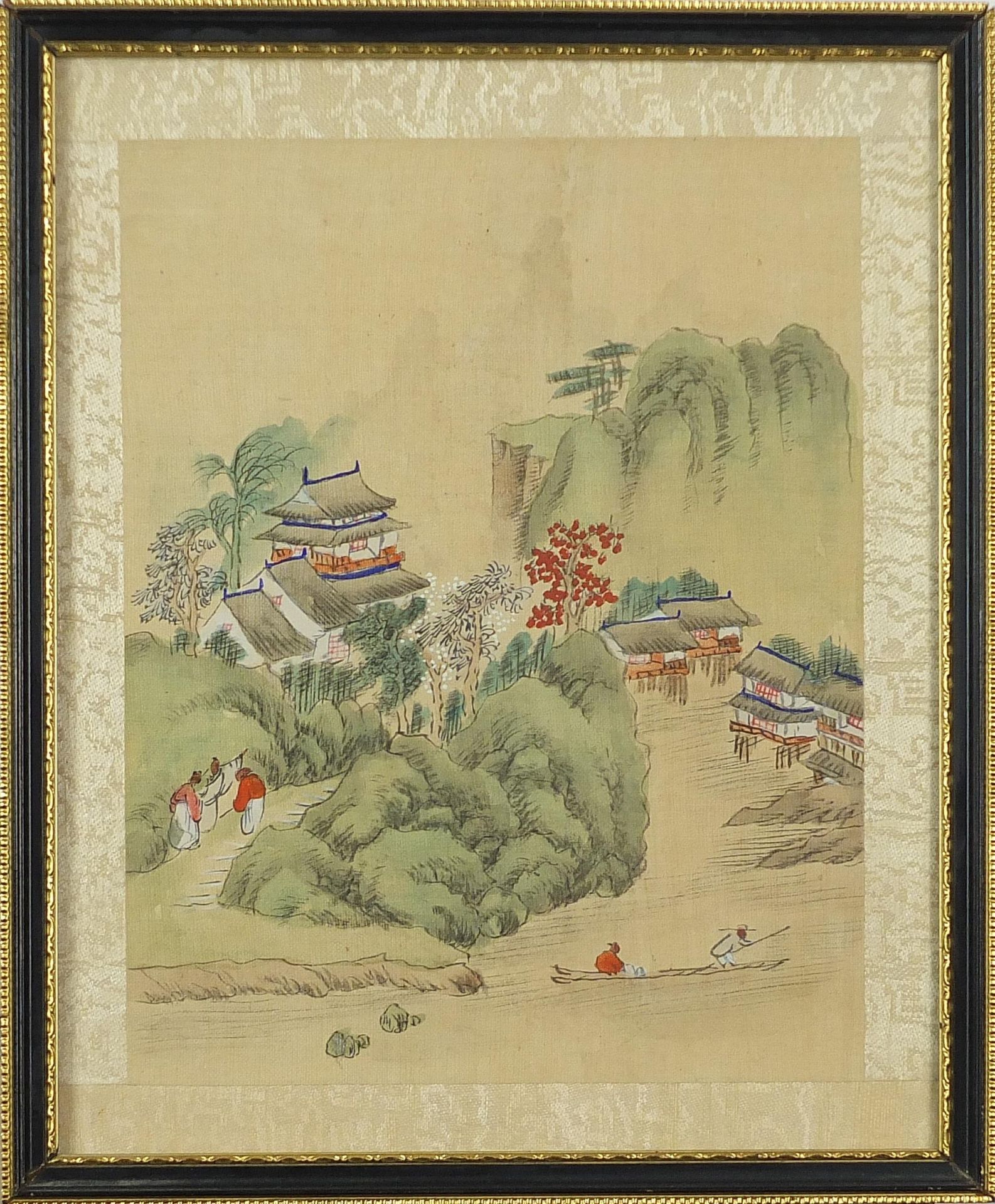 Mountainous landscapes and pagodas, pair of Chinese watercolours on silk, one with character marks - Image 3 of 8