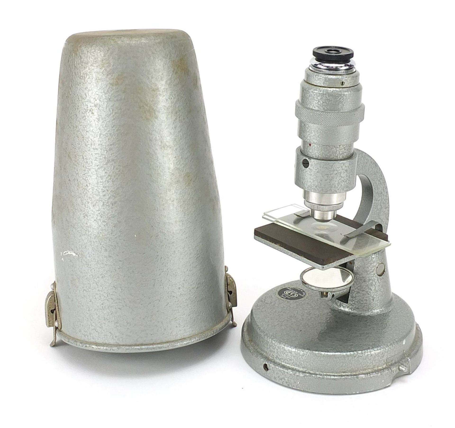 Vintage travelling microscope with case, 19cm high