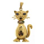 9ct gold articulated cat pendant set with colourful stones, 4.5cm high, 10.0g