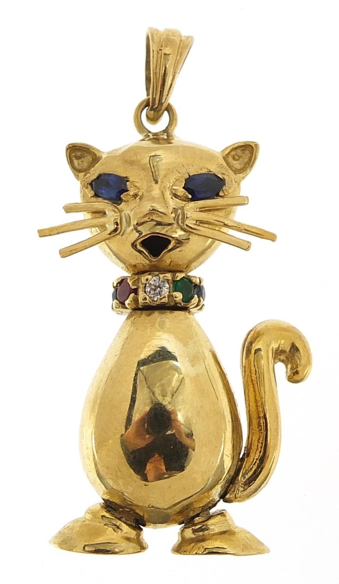 9ct gold articulated cat pendant set with colourful stones, 4.5cm high, 10.0g