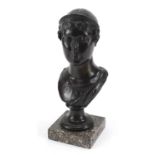 Antique classical patinated bronze bust of a Grecian female raised on a square marble base, 29cm