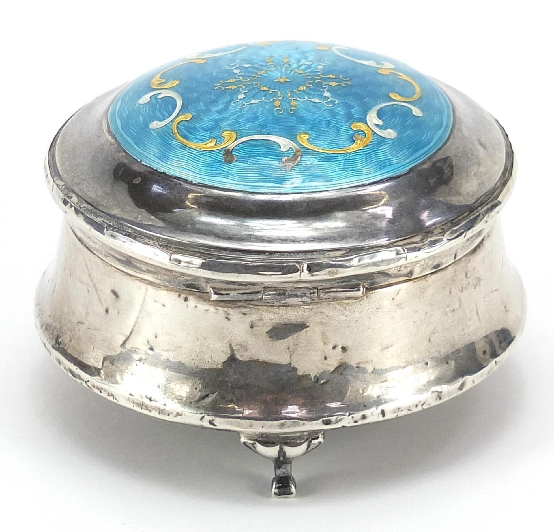 Henry Clifford Davis, George V silver and enamel jewel box raised on three feet, Chester 1916, 7.5cm - Image 3 of 5