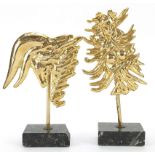 Fondica, two French Brutalist gilt brass zodiac sign sculptures raised on rectangular marble