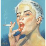 Clive Fredriksson - Portrait of a female with cigarette, oil on board, framed, 36.5cm x 35.5cm