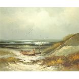 Watkins - Coastal landscape with moored boats, oil on canvas, mounted and framed, 59cm x 49cm