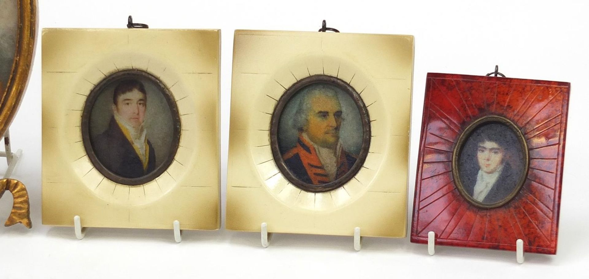 Four pairs of portrait miniatures including giltwood bow design frames, the largest 24cm high - Image 4 of 6
