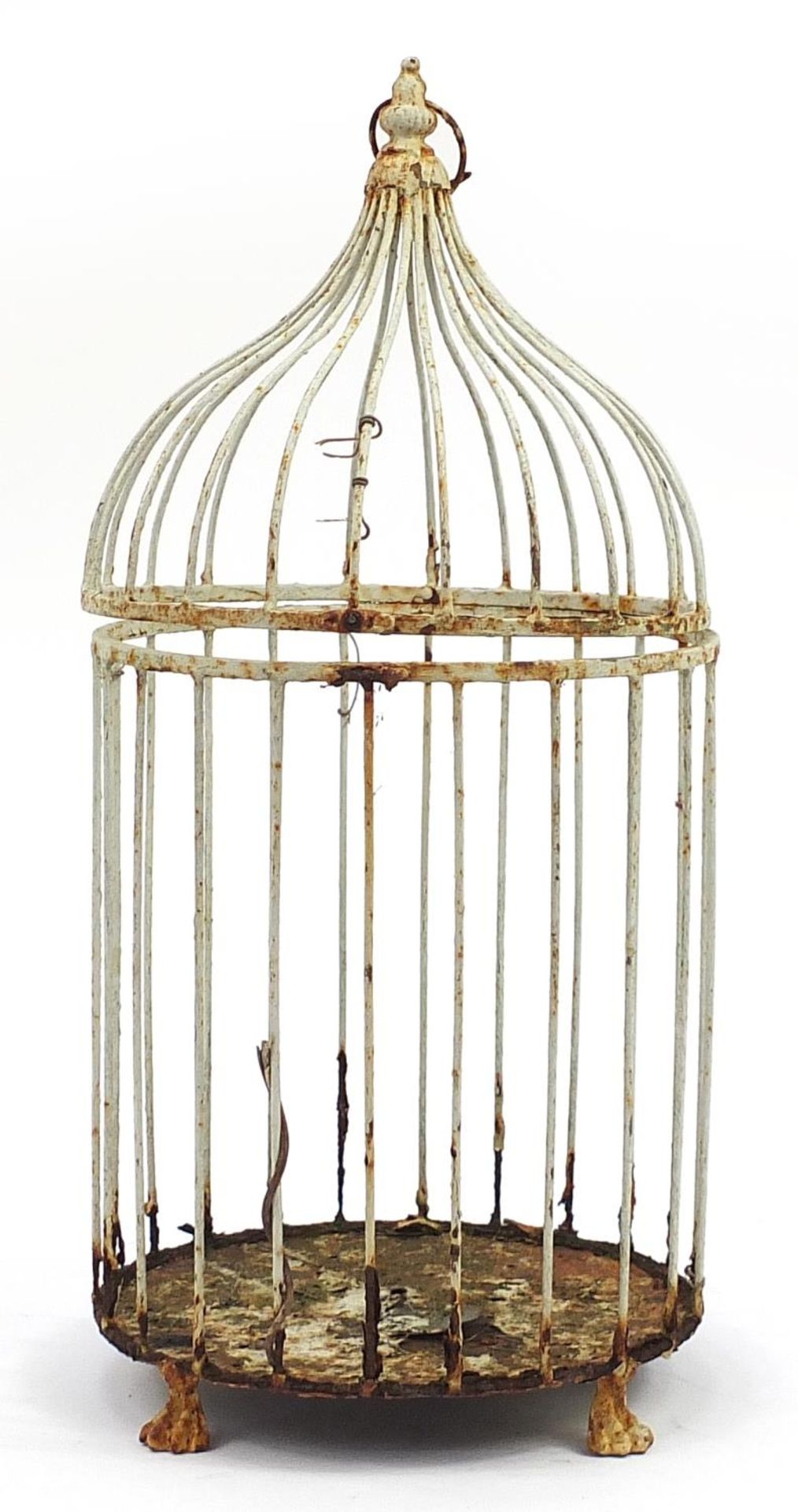 Victorian iron bird cage with paw feet, 65cm high