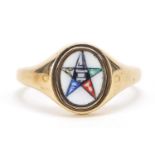 9ct gold and enamel masonic rotating ring, size Q, 4.4g