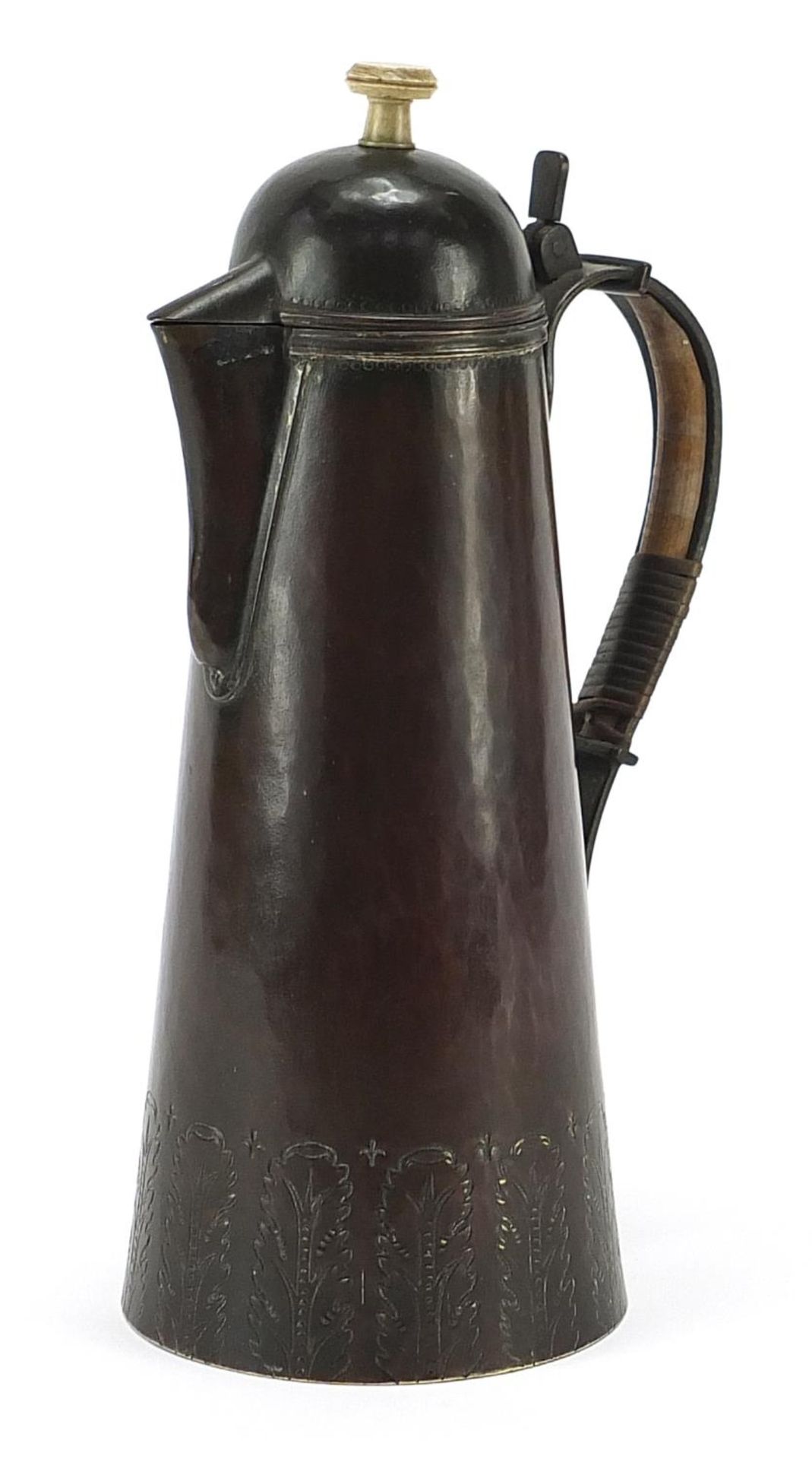 Arts & Crafts beaten patinated brass jug, impressed 294 to the base, 25.5cm high