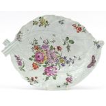 Early Worcester porcelain leaf dish hand painted with a butterfly amongst flowers, 35cm in length