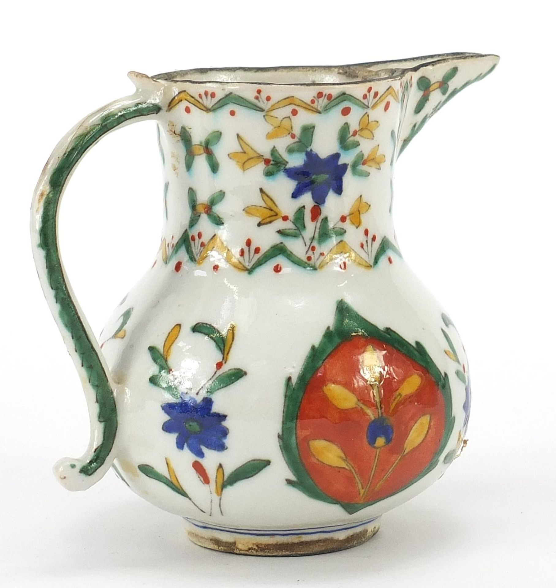 Turkish Kutahya pottery water jug hand painted with flowers, 12.5cm high - Image 2 of 3