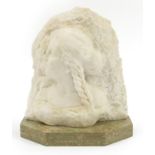19th century alabaster carving of a young female raised on a green marble base with canted