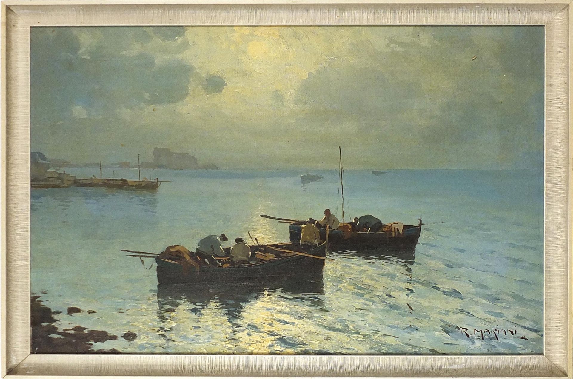 R Mariani - Figures in boats on water, Italian school oil on canvas, framed, 68cm x 48cm excluding - Image 2 of 4