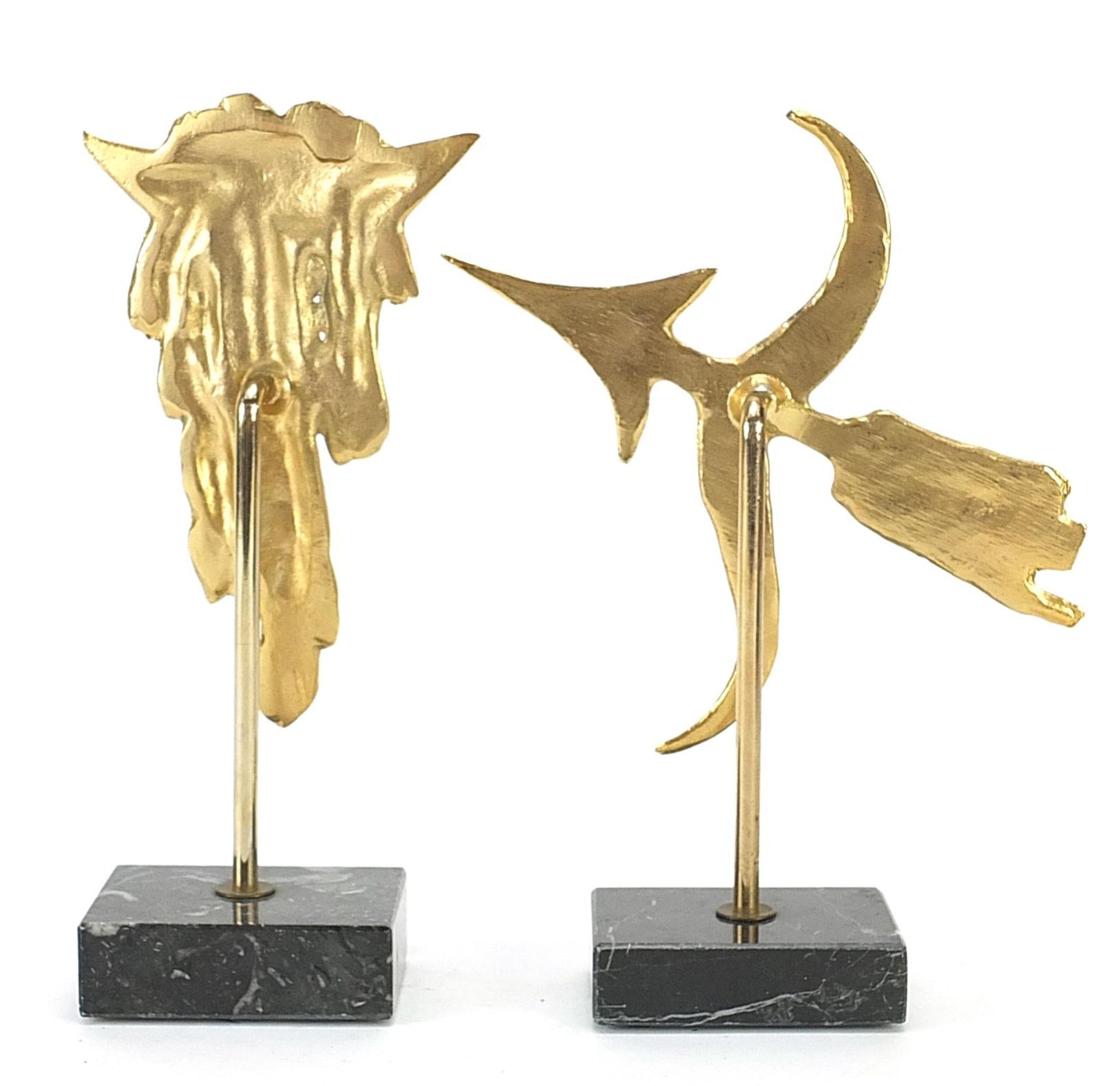 Fondica, two French Brutalist gilt brass zodiac sign sculptures raised on rectangular marble - Image 2 of 3