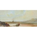 Robert Hope 1939 - Figures on a beach before ships, signed watercolour, mounted, framed and