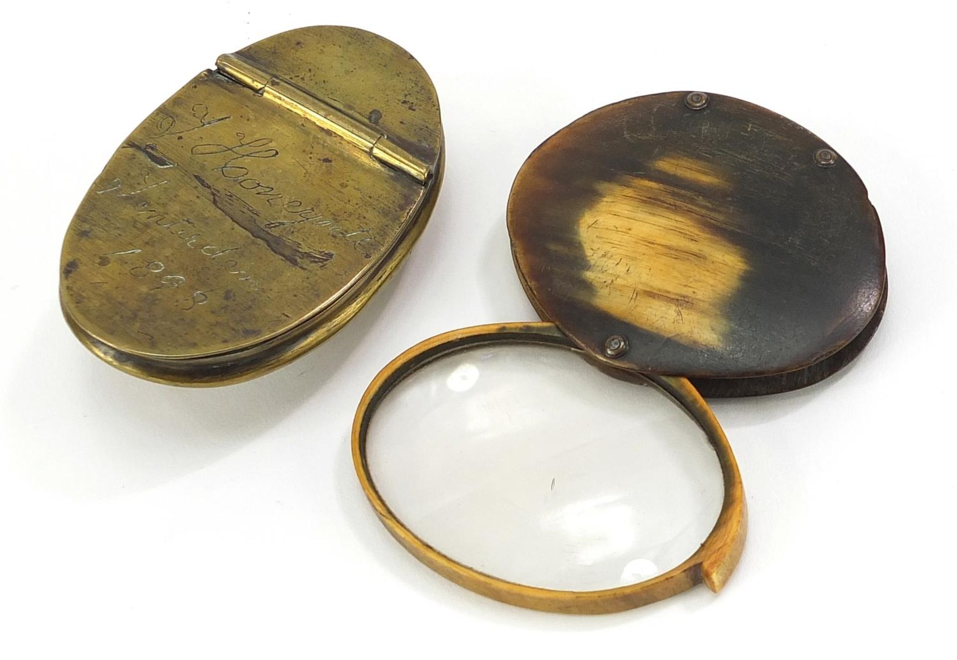 19th century horn magnifying glass and a brass tobacco box engraved J Honeysett Tenterden 1898,