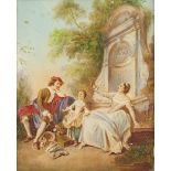 Seated figures before a monument, 19th century heightened watercolour, mounted, framed and glazed,