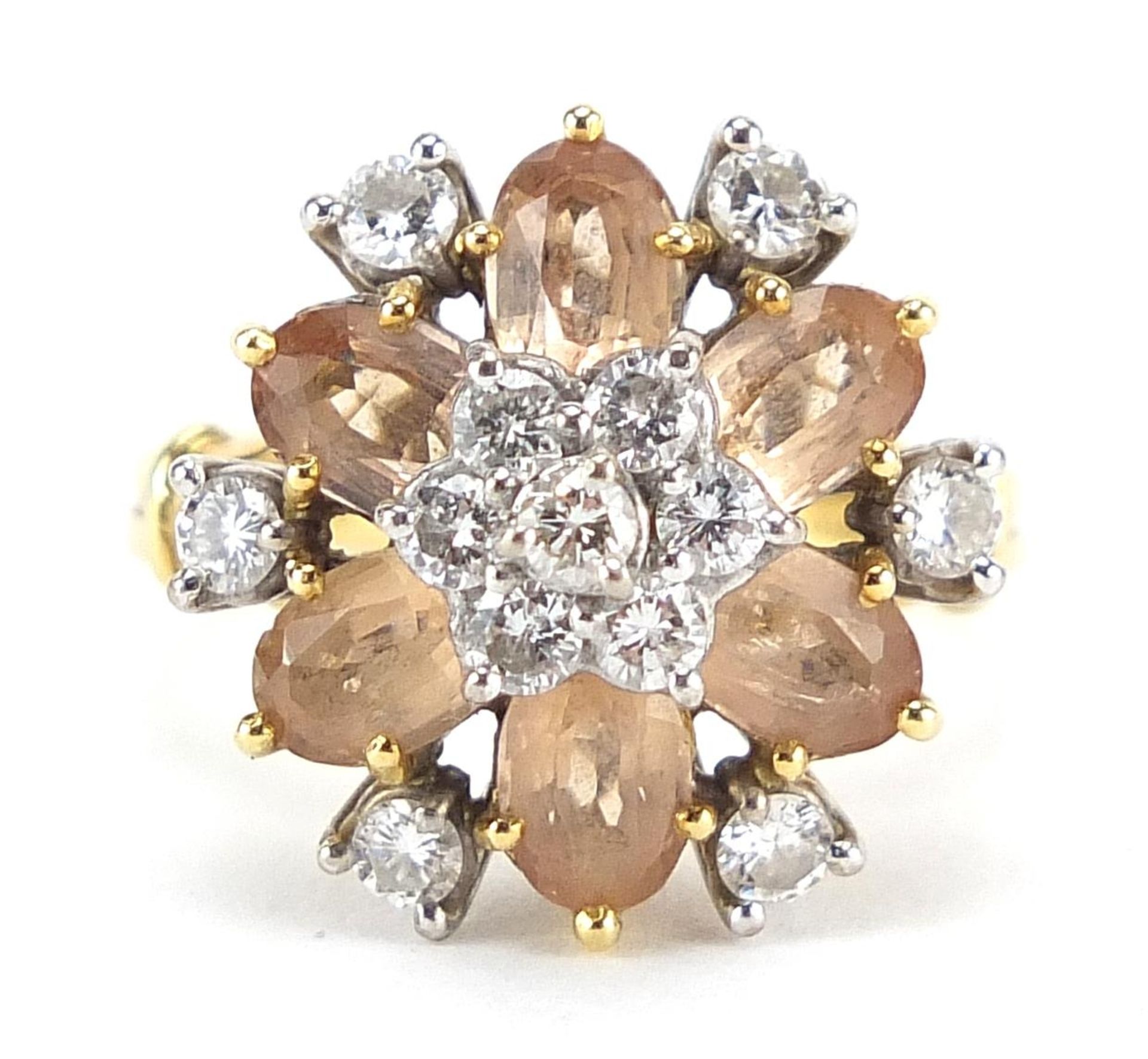 18ct gold diamond and topaz cluster ring, size M, 7.3g