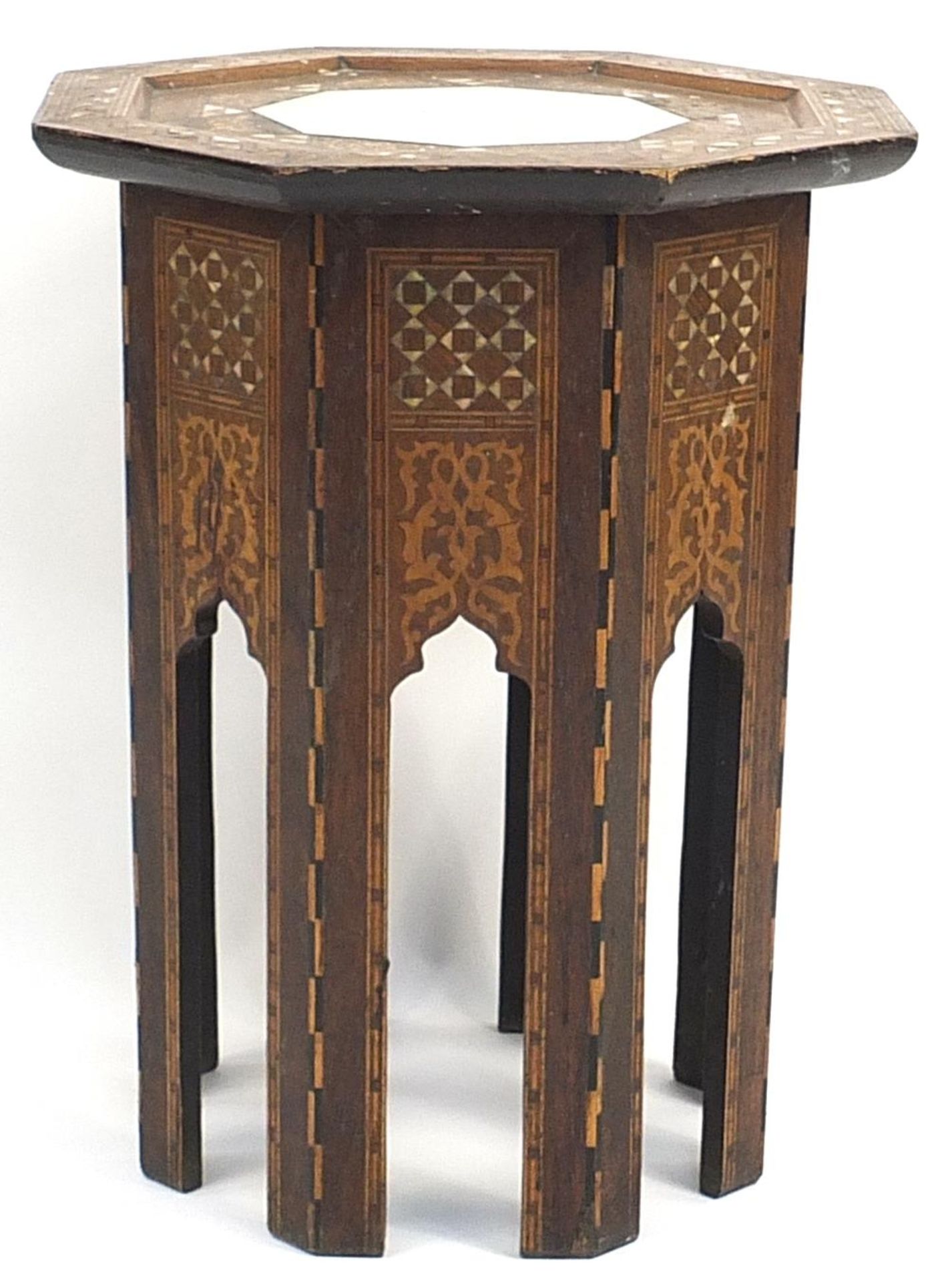 Manner of Liberty & Co, Moorish style inlaid octagonal side table with mother of pearl inlay, 62.5cm
