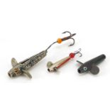 Three vintage Hardy Bros metal fishing lures, the largest 6cm in length overall