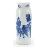 Chinese blue and white porcelain vase hand painted with an Emperor with attendant and horse in a