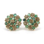 Pair of 9ct gold emerald and diamond cluster stud earrings, 1.2cm in diameter, 2.4g