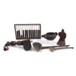 Middle Eastern wooden ware including two carved Afghan spoons, abacus and bowl with bone inlay,