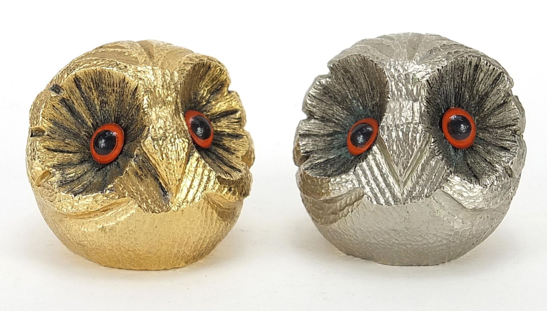 Fondica, pair of French Brutalist owl design paperweights with beaded eyes, each 6cm wide