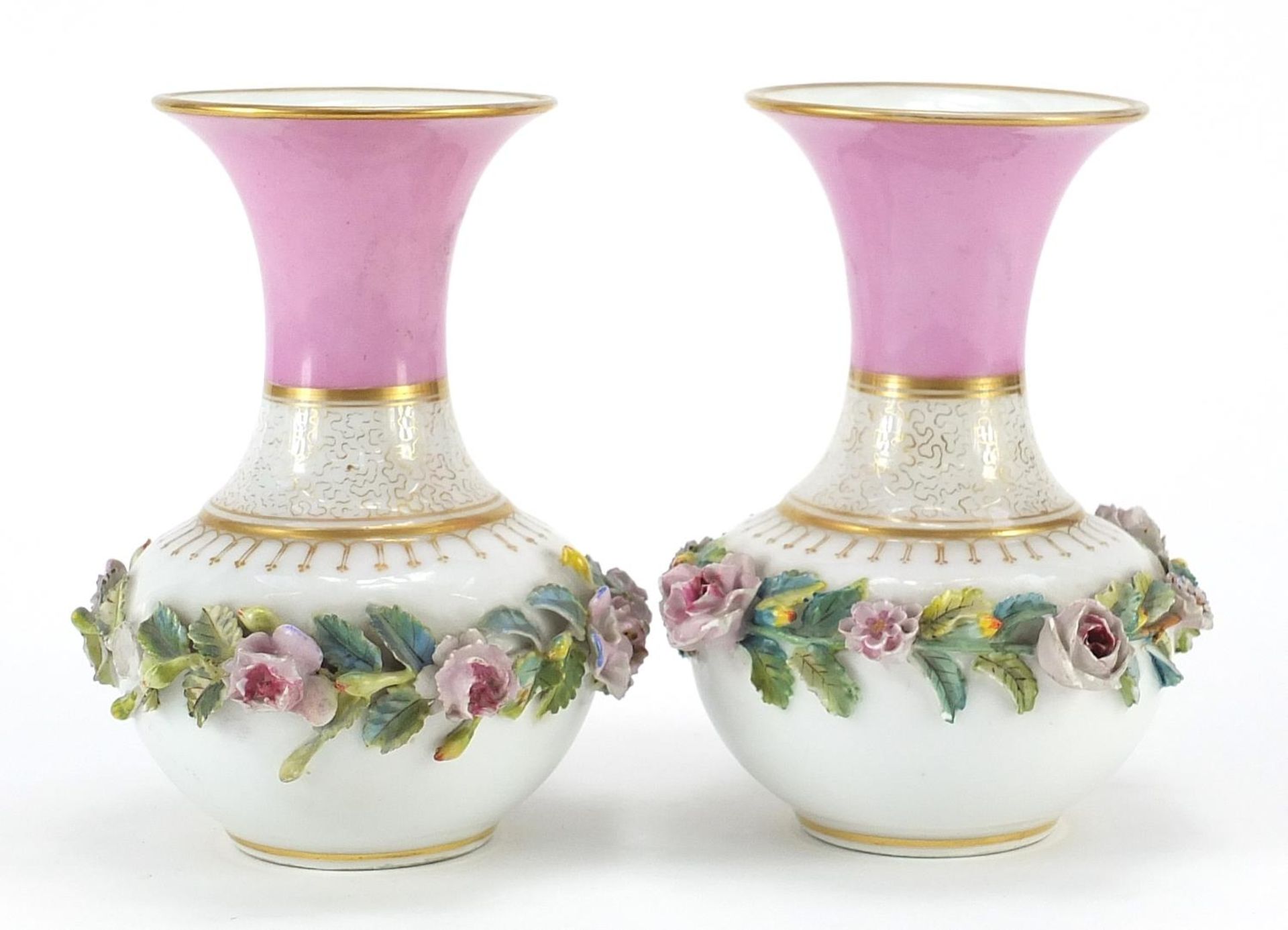 Pair of 19th century French pink ground vases with floral encrusted band, each 16cm high - Image 2 of 3