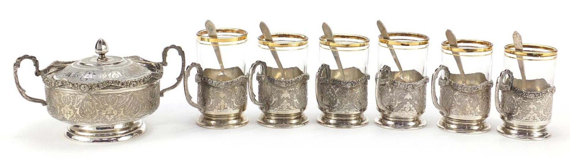 Persian silver twin handled bowl and cover and set of six silver and glass cups with silver - Image 4 of 6