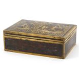 19th century Egyptian Revival brass and hardwood box with hinged lid inlaid with figures fishing,