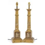 Pair of Regency style table lamps hand painted in the chinoiserie manner with figures, 59cm high