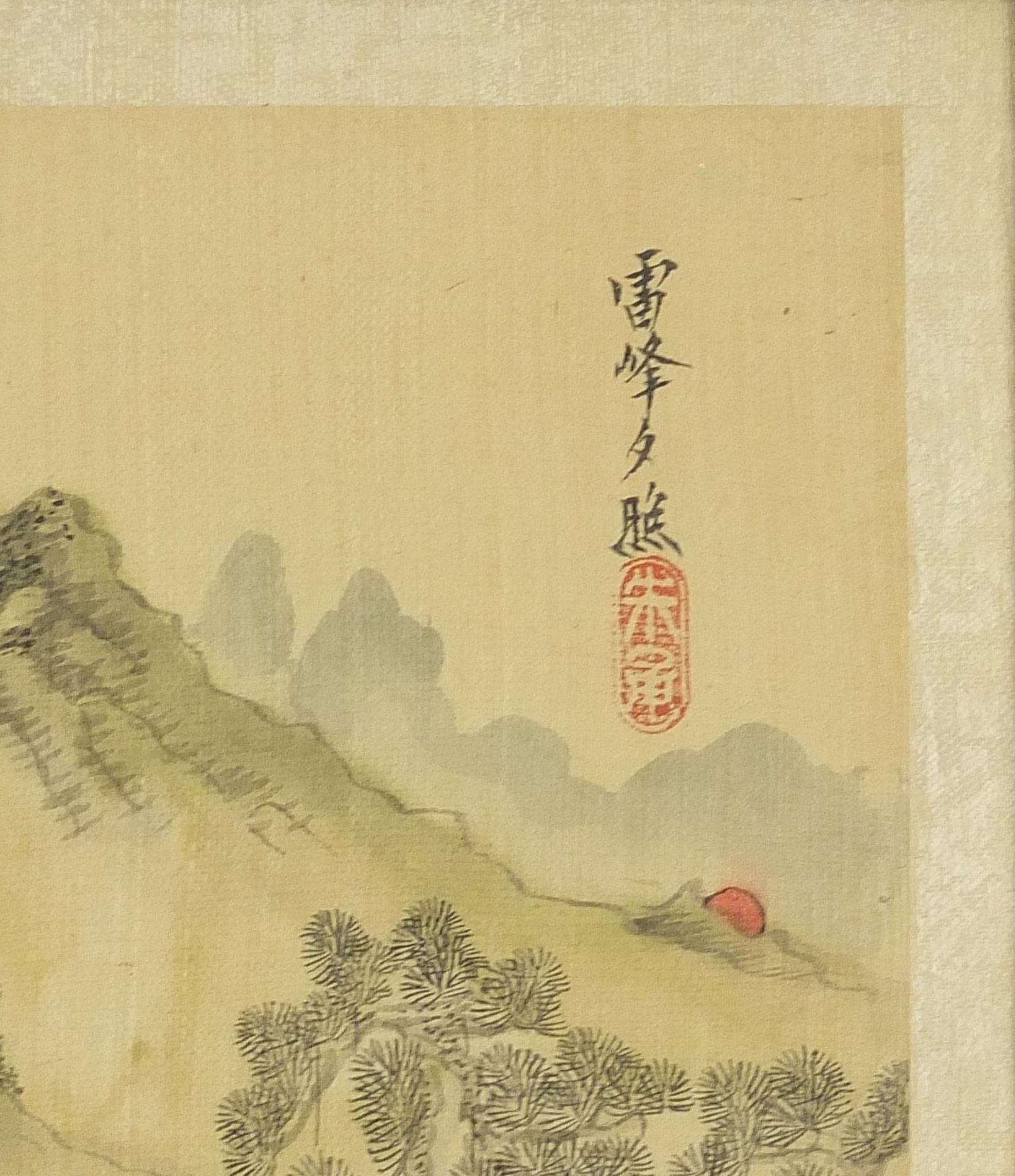 Mountainous landscapes and pagodas, pair of Chinese watercolours on silk, one with character marks - Image 7 of 8