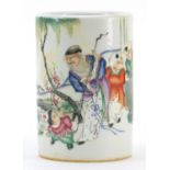Chinese porcelain brush pot hand painted in the famille rose palette with an Elder and children, red