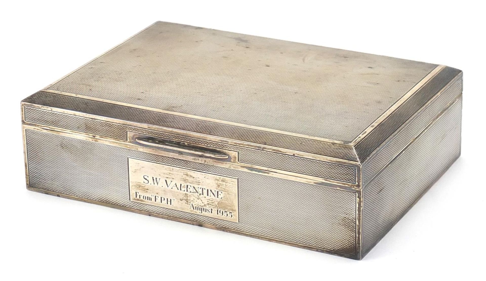 John Rose, Elizabeth II rectangular silver cigar box with engine turned decoration, 4.6cm H x 16.5cm