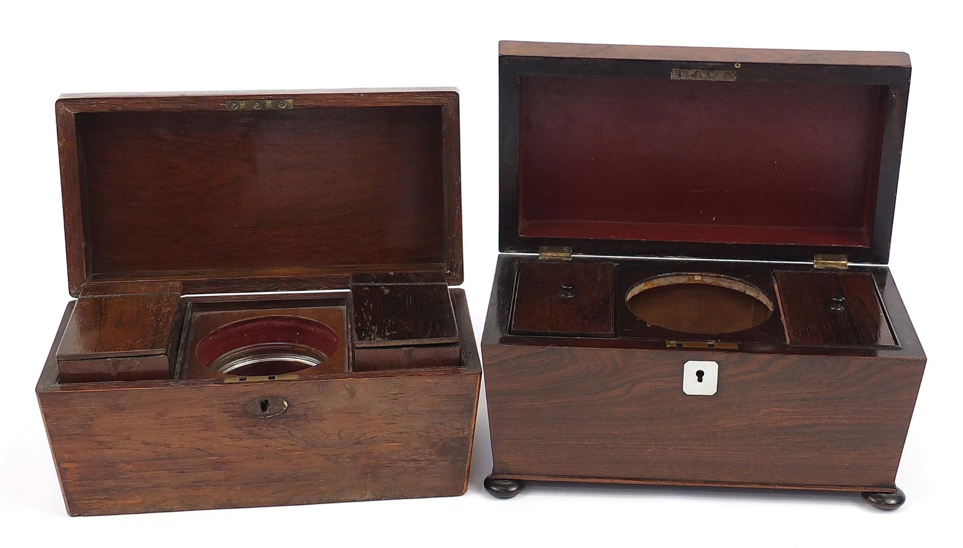 Two 19th century rosewood sarcophagus shaped tea caddies with twin divisional interiors, the largest - Image 2 of 4
