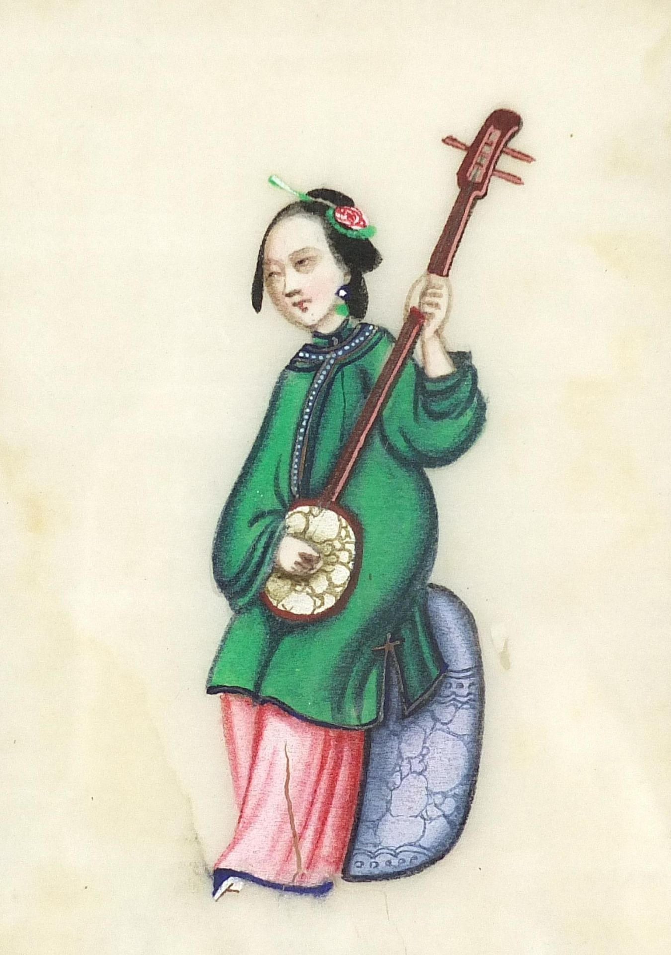 Attendants and females playing musical instruments, set of five Chinese watercolours on pith - Image 2 of 16