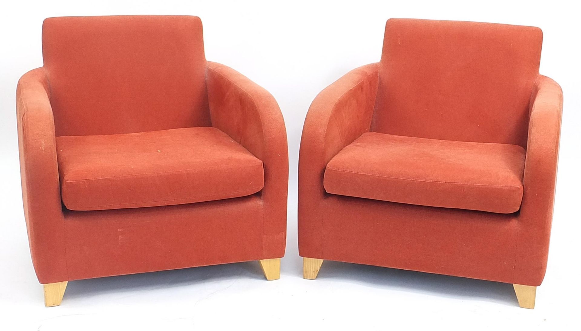 Pair of Art Deco style tub chairs with salmon upholstery, each 70cm H x 72cm W x 80cm D - Image 2 of 3