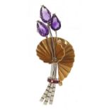 Alabaster & Wilson, Art Deco style 9ct two tone gold amethyst and ruby brooch, 6cm wide, 10.8g